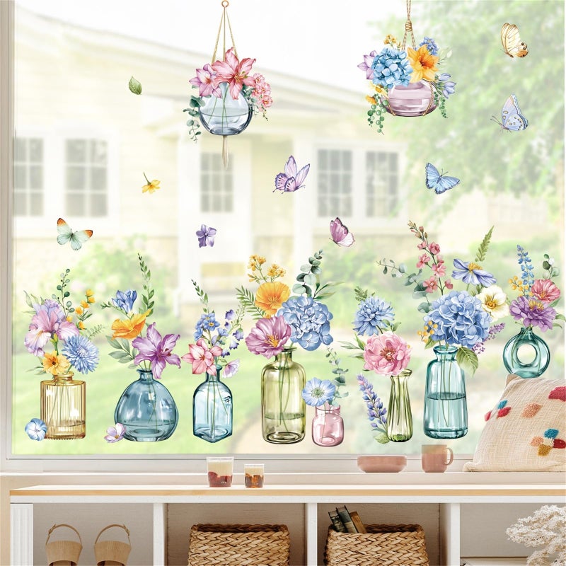 decalmile Spring Summer Potted Flowers Vase Window Clings Double Sided Blue Purple Wildflower Butterflies Window Decals Anti-Collision Glass Doors Window Stickers - Image 2