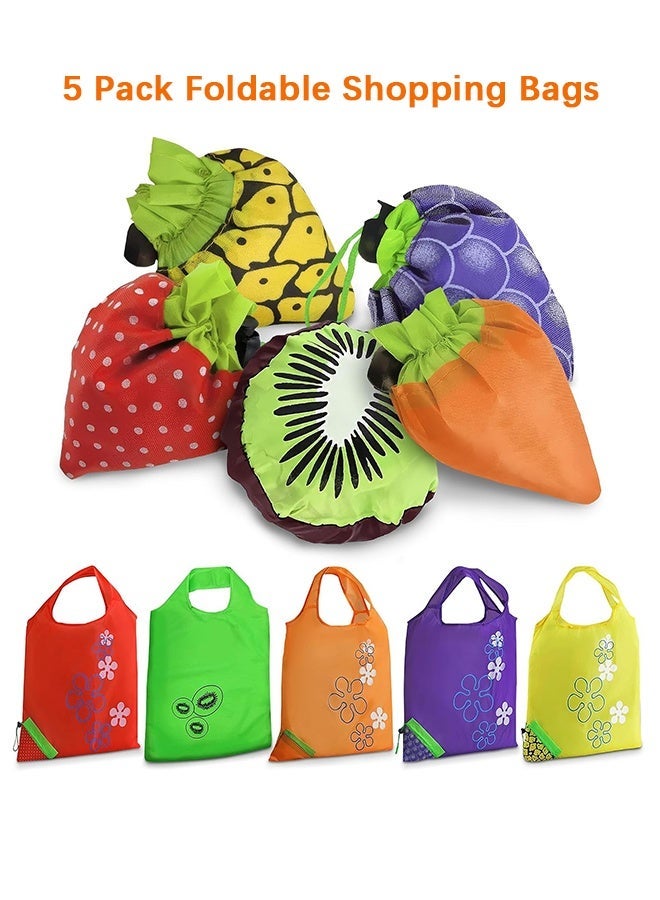 Wffo 5 Pack Foldable Shopping Bags with Fruit Patterns, Portable Reusable Tote Bags for Grocery, Travel, Beach, Gym & Everyday Use, Lightweight & Durable - Image 1