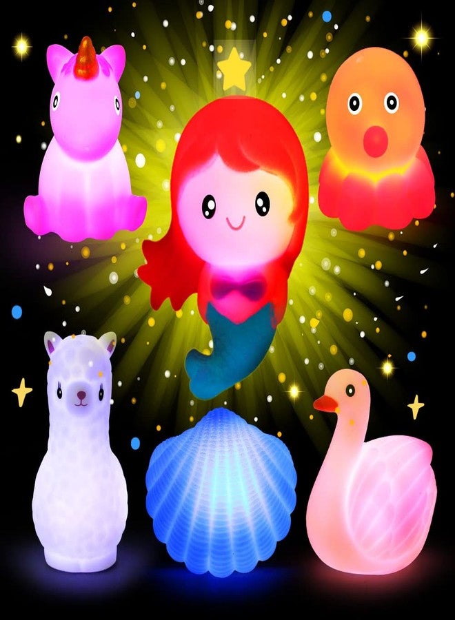 Woby Bath Toys for Toddlers 1-3, No Hole Cute Light Up Bathtub Toys Floating Rubber Sea Animal Set with Flashing Colorful LED Light Unicorn Mermaid for Bathroom Shower Swimming Pool Party for Baby Girl Boy - Image 1
