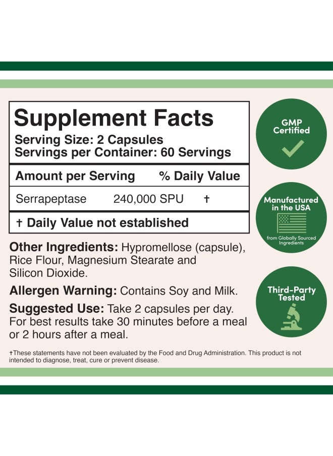 Double Wood Supplements - Serrapeptase 240,000 SPU Max Potency (120 Vegan Capsules) Proteolytic Enzyme for Sinus, Respiratory and Joint Health - Image 1