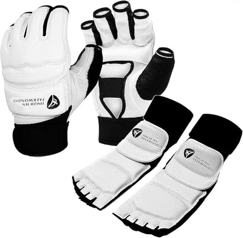 FINGER TEN Taekwondo Sparring Gear Gloves Hand and Foot Protectors White Protective Guards Set for Boxing Kickboxing Fit Adult Men Women Kids Training (White,X-Small) - Image 1