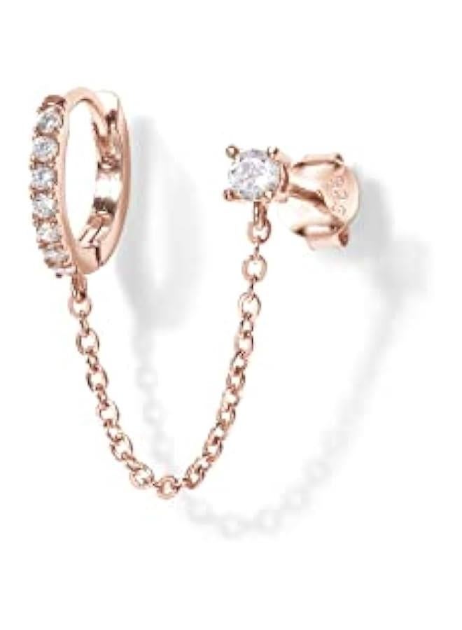 PAVOI 14K Gold Chain Earrings for Women | Double Piercing Dangle Chain Huggie Hoop Earrings | Cubic Zirconia Pearl Stud Ear Cuff Earrings for Women  - Image 1
