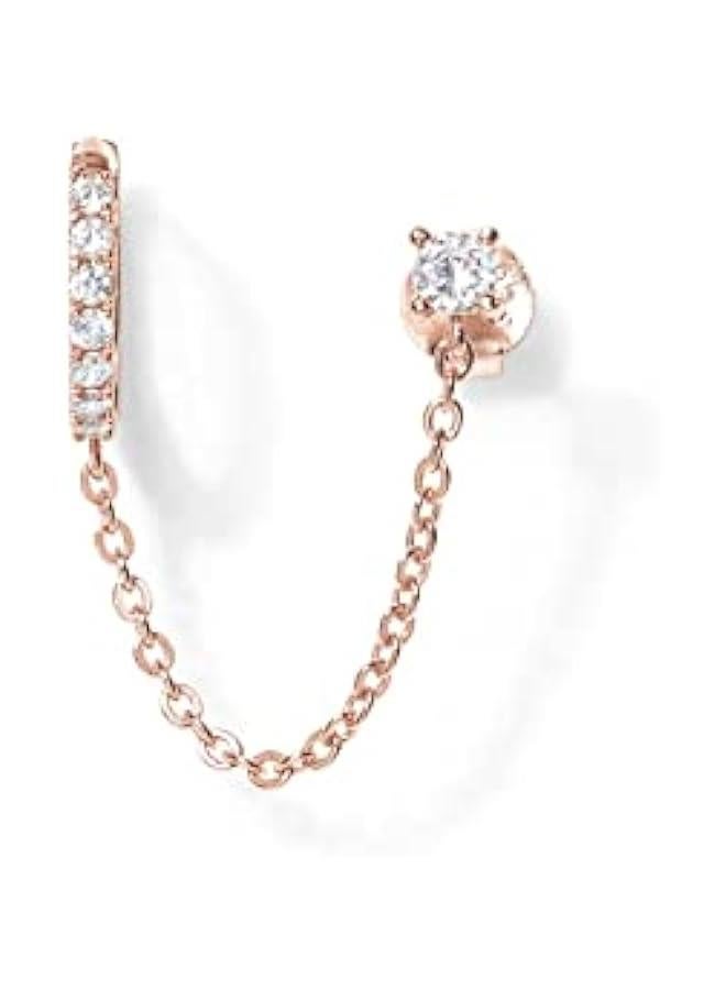 PAVOI 14K Gold Chain Earrings for Women | Double Piercing Dangle Chain Huggie Hoop Earrings | Cubic Zirconia Pearl Stud Ear Cuff Earrings for Women  - Image 3