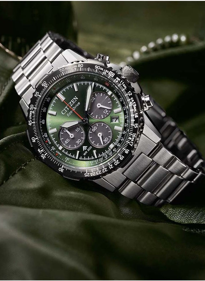 CITIZEN Promaster Sky Chrono Mens Watch CA4664-60W – Green Dial with Red & White Accents, Slide-Rule Bezel, 40mm, Eco-Drive, Chronograph, 200M WR  - Image 4