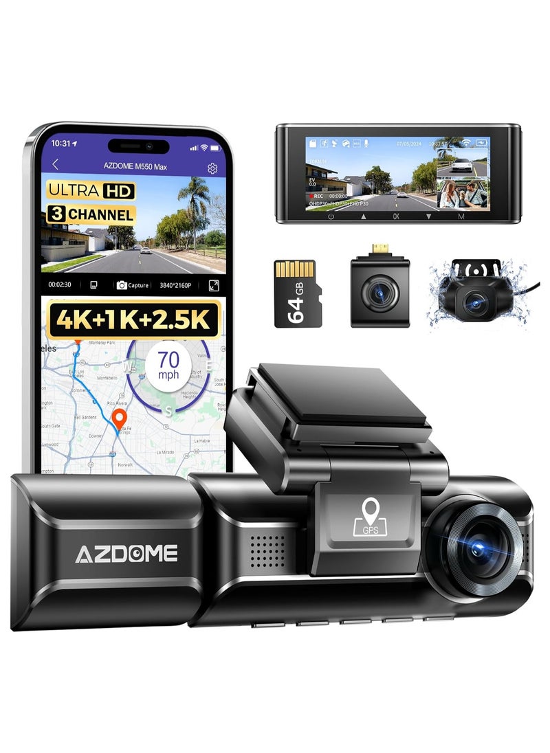 AZDOME - 3 Channel Dash Cam M550 Max , 4K+1080P Dual Dash Camera for Cars Built-in WiFi GPS, 4K+2K+1080P Front, Rear & Cabin, 64GB Card Included, 3.19" IPS Screen, WDR, IR Night Vision, Parking Mode - Image 1