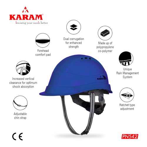 KARAM PN542 Safety Helmet for Men Industrial & Construction Helmet | Ratchet Type Adjustment | Adjustable Chin Strap, Ventilation & Side Slot for Attachment | EN Certified Hard Hat | Lamination Blue - Image 3