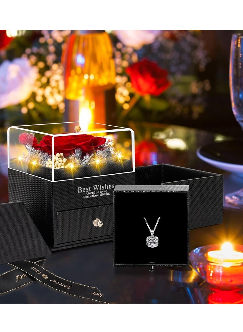 Zikra Preserved Rose Box Necklace, Red Real-Eternal Flowers Birthday Gifts for Her, Mom Wife Girlfriend Grandma on Mothers Day Anniversary Romantic - Image 4