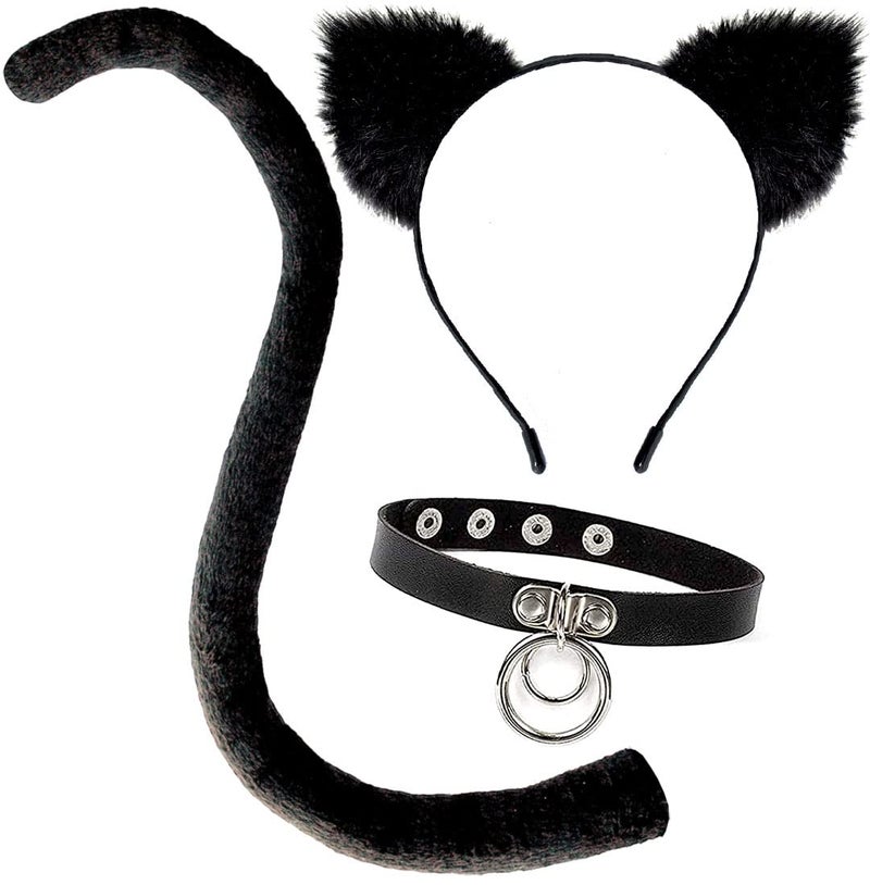 OLYPHAN Cat Costume Accessories Ears and Tail Set Black Animal Halloween Accessory Kit for Women Pack with Tail Ears Headband and Choker Necklace - Image 1