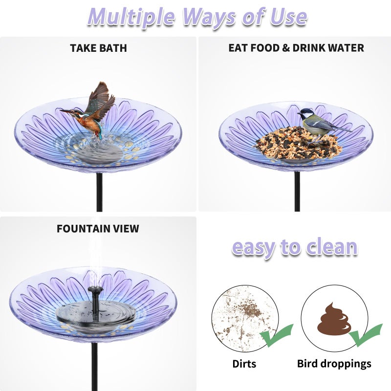 MUMTOP Bird Baths for Outdoors, Glass Bird Bath Stake, Purple Daisy Birdbaths & Support, Bee Baths for Garden, Outside, Lawn, Outdoor Decor - Image 3