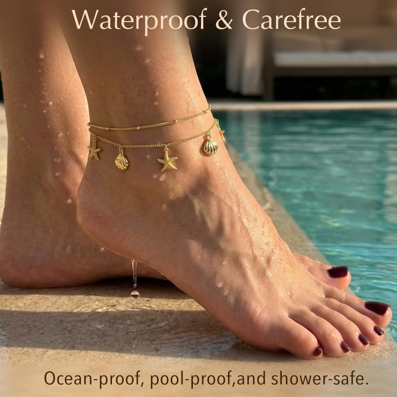 Poxtex Starfish & Shell Charm Ankle Bracelets for Women Waterproof, 14K Gold Plated Chain Anklets for Women Trendy, Dainty Summer Beach Vacation Jewelry Gifts for Mom Wife Girlfriend Lover - Image 3
