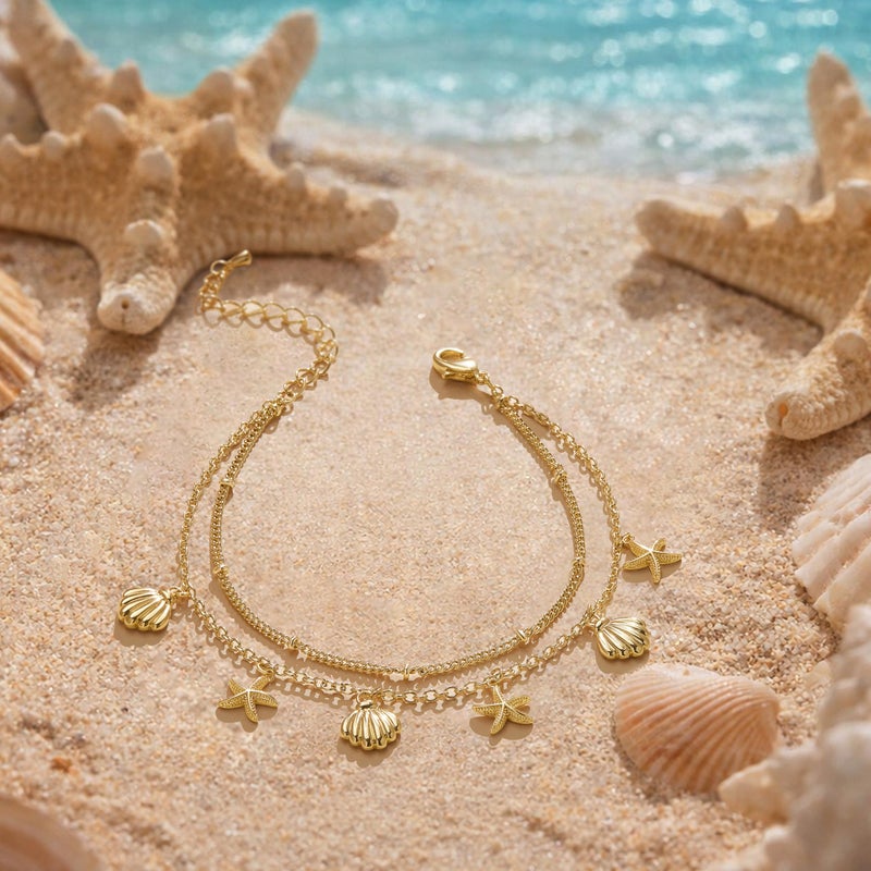 Poxtex Starfish & Shell Charm Ankle Bracelets for Women Waterproof, 14K Gold Plated Chain Anklets for Women Trendy, Dainty Summer Beach Vacation Jewelry Gifts for Mom Wife Girlfriend Lover - Image 4