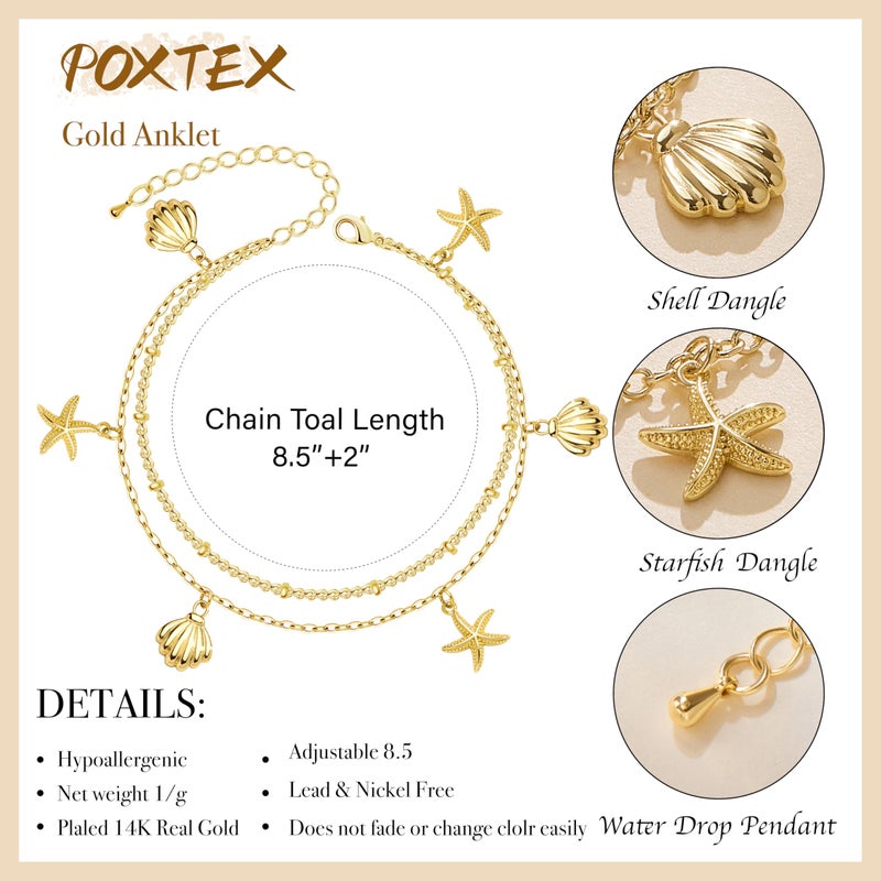 Poxtex Starfish & Shell Charm Ankle Bracelets for Women Waterproof, 14K Gold Plated Chain Anklets for Women Trendy, Dainty Summer Beach Vacation Jewelry Gifts for Mom Wife Girlfriend Lover - Image 5