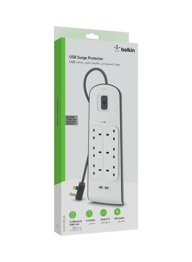 بيلكين واقي من زيادة التيار بـ 6 منافذ ومنفذين USB مع سلك طاقة بطول 2 متر - Image 3
