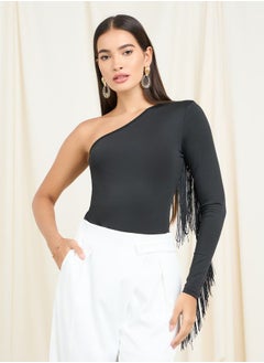 Styli Tassel Detail One Shoulder Sleeves Fitted Bodysuit  - Image 3