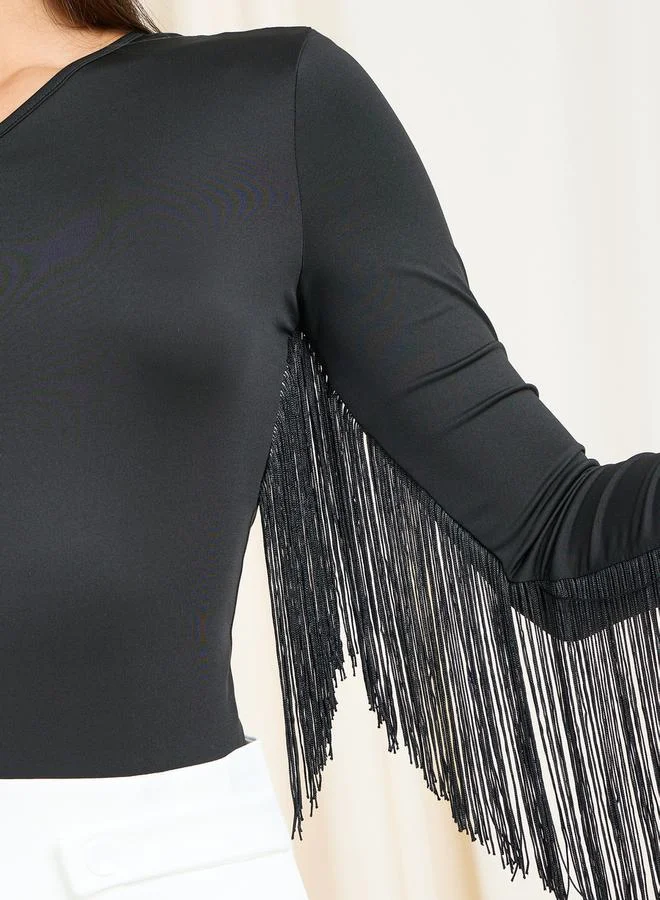 ستايلي Tassel Detail One Shoulder Sleeves Fitted Bodysuit