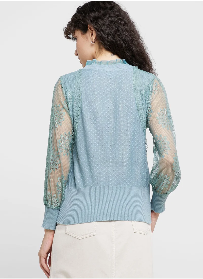 ELLA Button Detail Sweater With Lace Sleeves