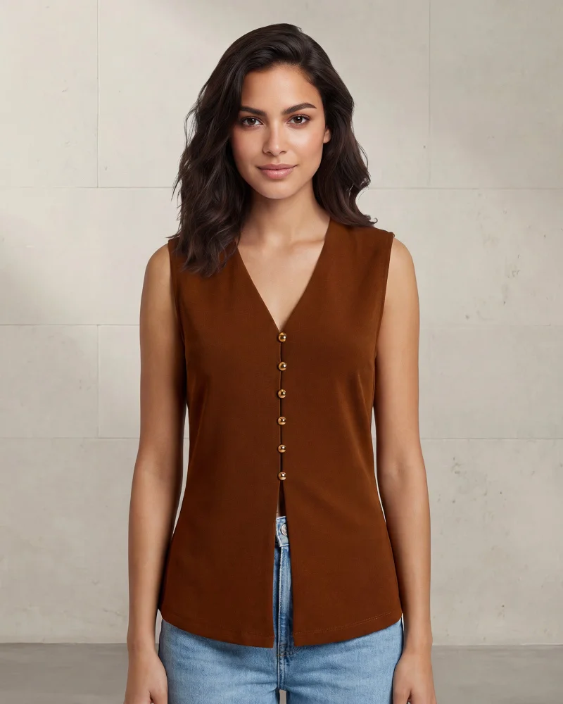 Redtag Women Brown V-Neck Front Button Blouse