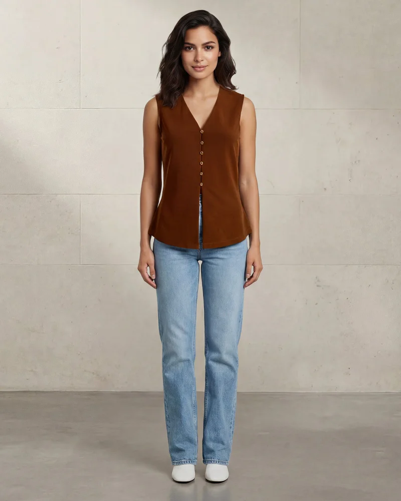 Redtag Women Brown V-Neck Front Button Blouse