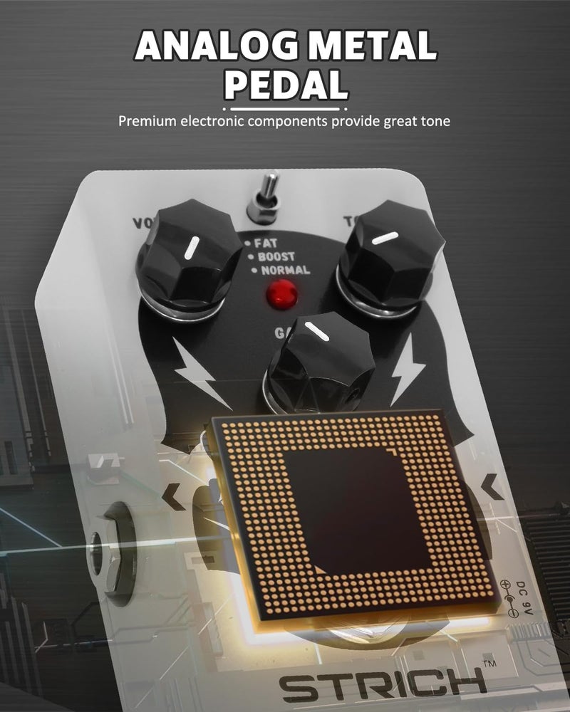 STRICH GREY TUBE Distortion Pedal for Electric Guitar, Distortion 3 Modes Fat, Boost, Normal Classic Crunch 80s Metal/Nu Metal, True Bypass for Electric Guitar, White - Image 2