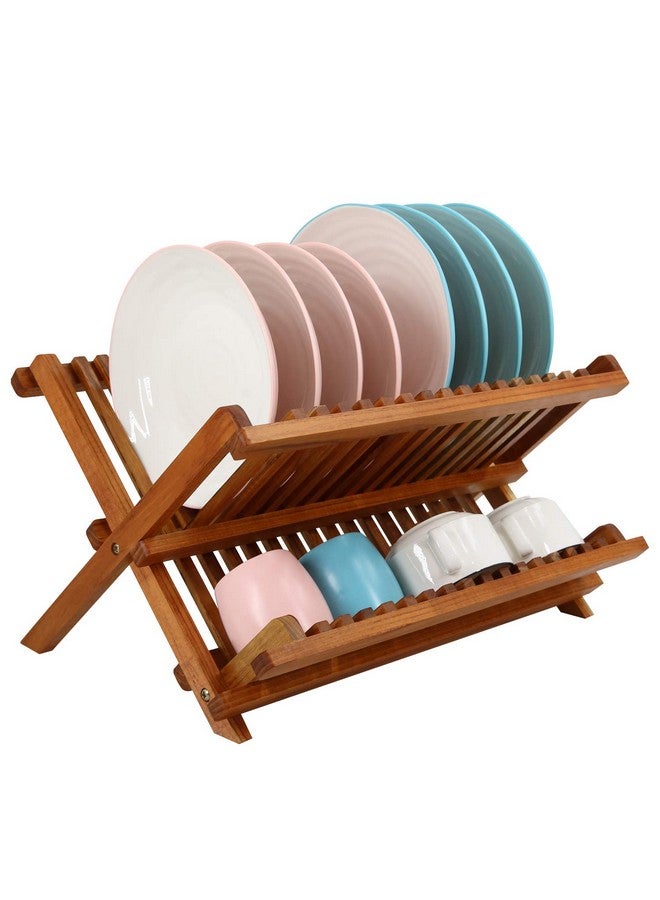 Utoplike Teak Dish Drainer Rack Collapsible 2 Tier Dish Rack Dish Drying Rack Foldable Plate Organizer Holder for Kitchen Compact - Image 1