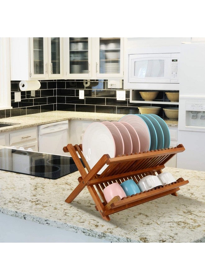 Utoplike Teak Dish Drainer Rack Collapsible 2 Tier Dish Rack Dish Drying Rack Foldable Plate Organizer Holder for Kitchen Compact - Image 4