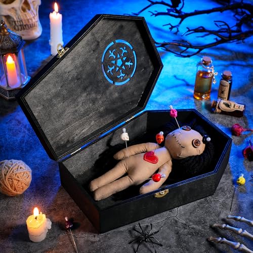 VercanMonth 12 Pcs Voodoo Figure Kit Include Creepy Figures 10 Pcs Skull Pins Wooden Coffin Box Haunted Figure Halloween Scary Ghost Voodoo Ornaments Fidget Stress RelievingFemale - Image 1