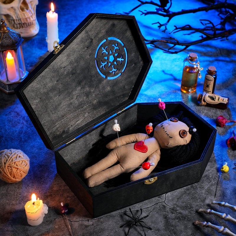 VercanMonth 12 Pcs Voodoo Figure Kit Include Creepy Figures 10 Pcs Skull Pins Wooden Coffin Box Haunted Figure Halloween Scary Ghost Voodoo Ornaments Fidget Stress RelievingFemale - Image 3