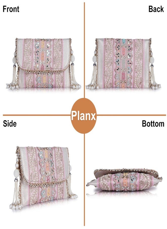 PLANX SILK Stylish Fancy Designer Potli Bag - Embroidered Pearl Handle Festive Clutch - Image 4