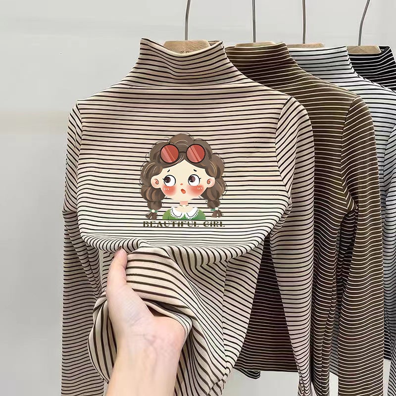 Boys' and Girls' Striped Base Shirt Autumn and Winter Mid-high Collar Long-sleeved T-shirt for Large Children's Velvet Inner T-shirt Trendy - Image 5