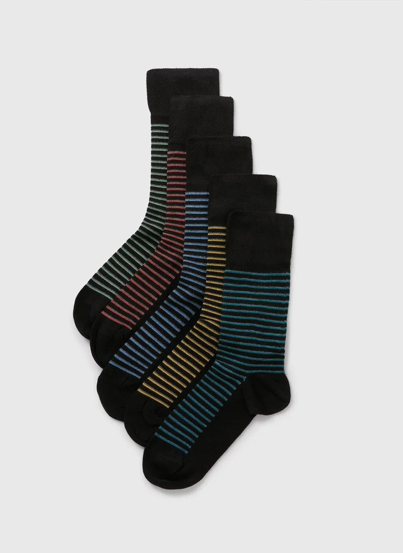 Matalan Flexi Top 5 Pack Black Stripe Socks