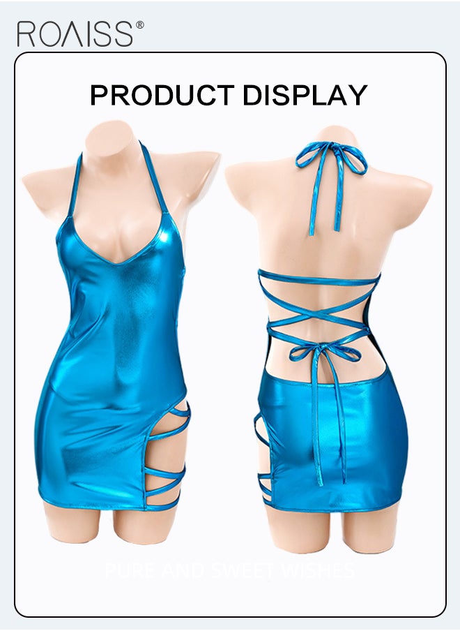 roaiss Glossy Nightclub Dress for Women Halter Neck Hollow Suspender Pajamas Backless Slim Fit Hip Covering Nightdress Game Wear Back Tie Rope Design Shiny Liquid Metal Nightgown 