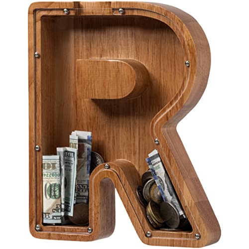 ladenk Large Wooden Kids Letter Piggy Bank Piggy Bank for Boys Girls Alphabet Money Bank with Initial R Coin Bank for Birthday - Image 1