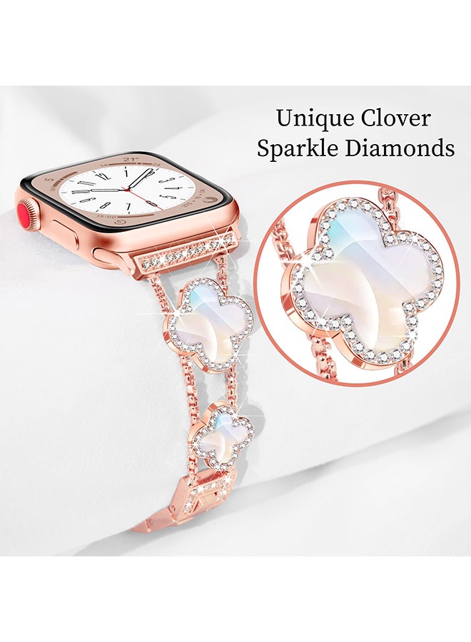 O Ozone Metal Watch Band For Apple Watch Series 10 9 8 7 6 5 4 SE, 38/40/41/42mm Sparkle Diamond Cute 4 Leaf Clover Dressy Band Women -Rose Gold - Image 2