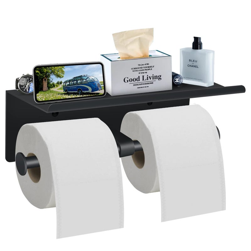 Toilet Paper Holder with Shelf Wall Mounted Toilet Paper Storage Double Roll Tissue Holder Dispenser Bathroom Toilet Paper Holder Matte Black