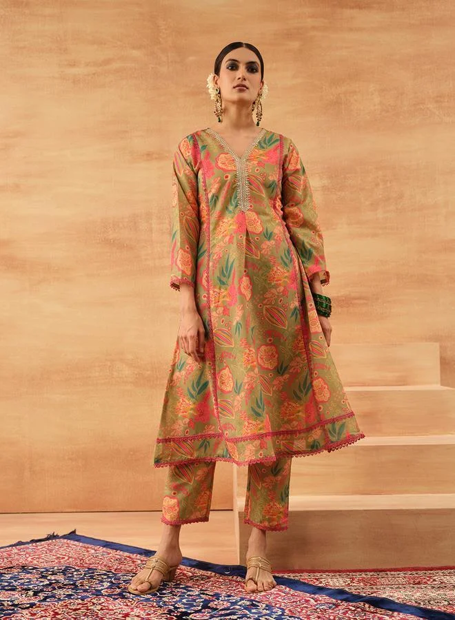 ISHIN Women's Olive Cotton Cambric Printed Tunic Top With Ankle Palazzo Flared 2 Peice Kurta Set