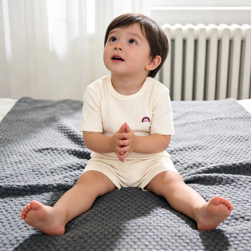 Babies Basic Babies Basic Ribbed Cotton Short Sleeves T-shirt and Plain Shorts Set, Cream