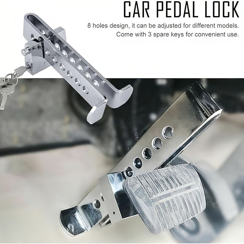 Silvery Adjustable Brake Pedal Lock with 2 Keys Heavy Duty 8 Hole Anti Theft Device - Image 1