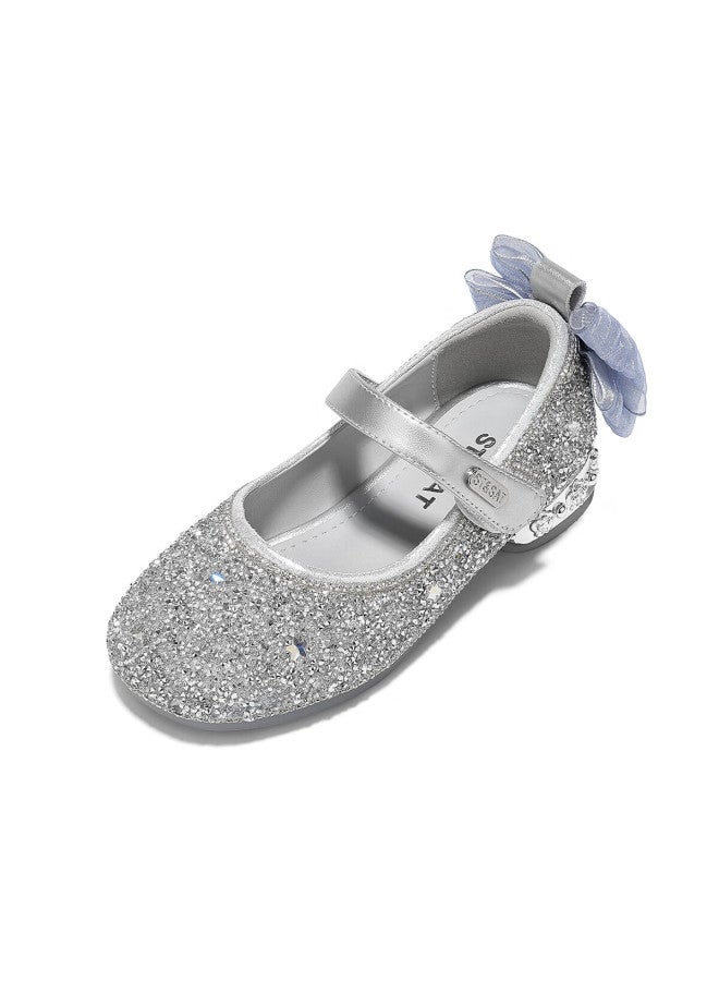 St&sat Kids Princess Shoes  Autumn New Girls Soft Sole Crystal High Heel Glass Silver Size 29 - Image 2