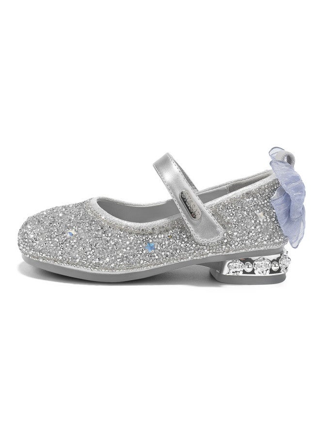 St&sat Kids Princess Shoes  Autumn New Girls Soft Sole Crystal High Heel Glass Silver Size 29 - Image 3