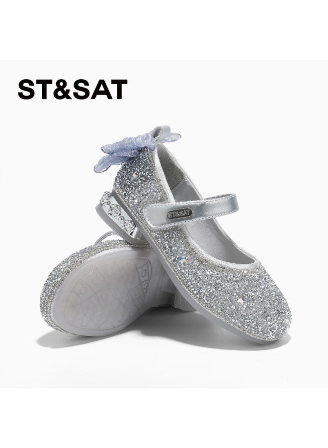 St&sat Kids Princess Shoes  Autumn New Girls Soft Sole Crystal High Heel Glass Silver Size 29 - Image 1