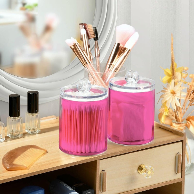Eionryn Hot Pink Qtip Dispenser Apothecary Jars Bathroom Qtip Holder Storage Canister 10 Oz Plastic Jar for Cotton Ball Swab Round Pads Floss 2pcs - Image 5
