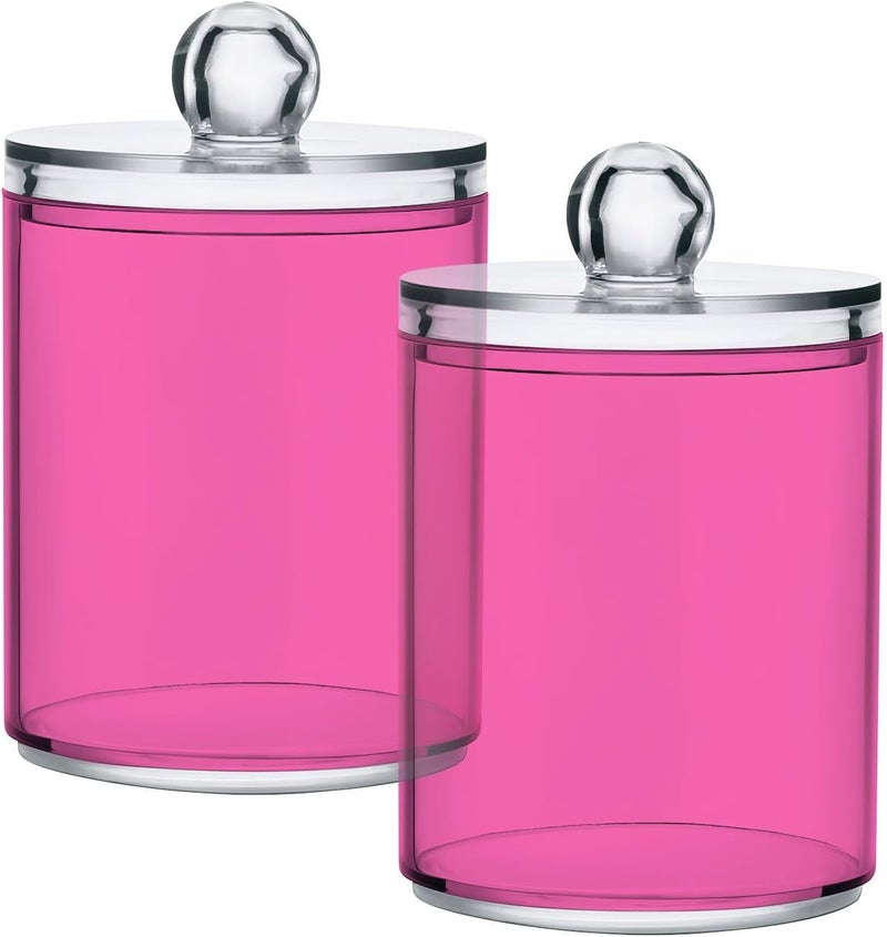 Eionryn Hot Pink Qtip Dispenser Apothecary Jars Bathroom Qtip Holder Storage Canister 10 Oz Plastic Jar for Cotton Ball Swab Round Pads Floss 2pcs - Image 1
