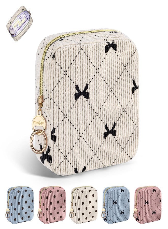 Playexen Period Bag for Teen Girls, Corduroy Cute Sanitary Napkin Storage Bag, Menstrual Pad Pouches Tampon Holder for Purse (Beige-Bow Tie - Image 1