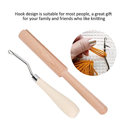 GLOGLOW Crochet Hook, 6.3in Wooden Bent Latch Hook Tool Stainless Steel Bent Crochet Hook Set with Wooden Thread Cutter for Crafts Carpet Rug Tapestry Making - Image 2