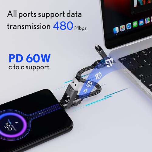 Pzoz كابل شحن متعدد من pzoz مع حلقة مفاتيح وكابل شحن مع شاشة LED، 4 في 1 مجموعة شحن سريعة USB C Lightning/Type C/USB A/USBC لجهاز iPhone و iPad و MacBook و AirPods و Samsung و Google (60W، 7.3 بوصة) - Image 4