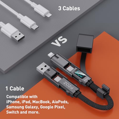Pzoz كابل شحن متعدد من pzoz مع حلقة مفاتيح وكابل شحن مع شاشة LED، 4 في 1 مجموعة شحن سريعة USB C Lightning/Type C/USB A/USBC لجهاز iPhone و iPad و MacBook و AirPods و Samsung و Google (60W، 7.3 بوصة) - Image 5