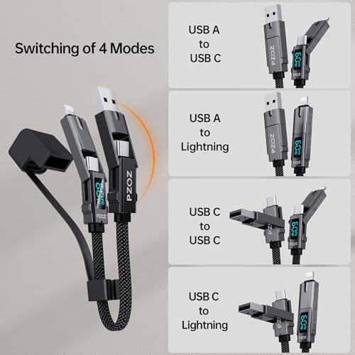 Pzoz كابل شحن متعدد من pzoz مع حلقة مفاتيح وكابل شحن مع شاشة LED، 4 في 1 مجموعة شحن سريعة USB C Lightning/Type C/USB A/USBC لجهاز iPhone و iPad و MacBook و AirPods و Samsung و Google (60W، 7.3 بوصة) - Image 2