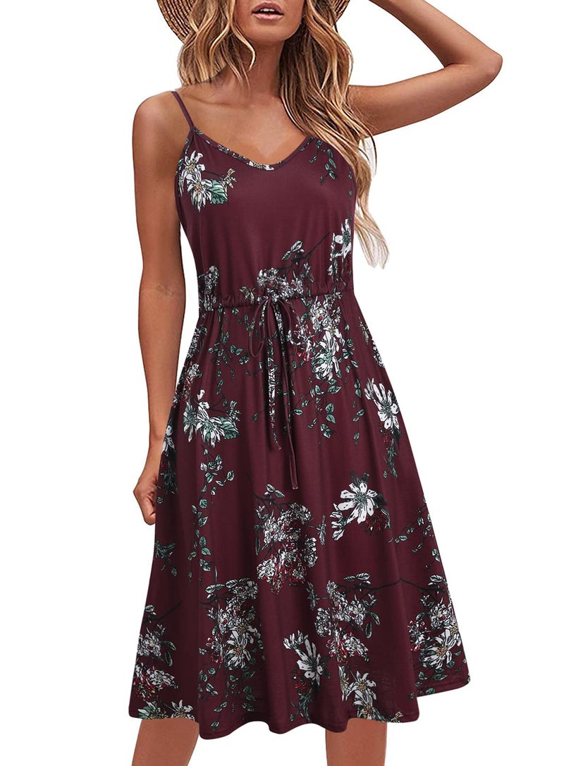 HELYO Wedding Guest Dresses for Women Summer Petite Casual Sundress Every Day Sleeveless Spaghetti Strap Adjustable Waist Dress with Pockets 826 (S, Burgundy Floral) - Image 1