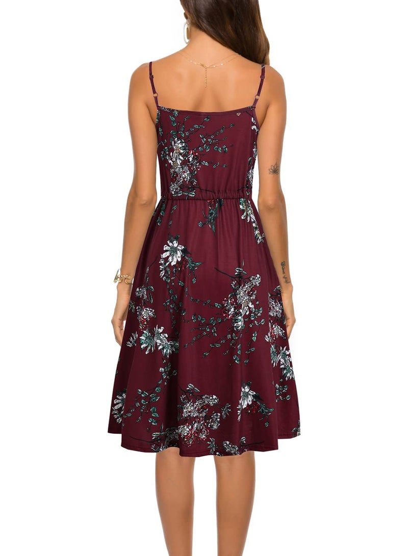 HELYO Wedding Guest Dresses for Women Summer Petite Casual Sundress Every Day Sleeveless Spaghetti Strap Adjustable Waist Dress with Pockets 826 (S, Burgundy Floral) - Image 2