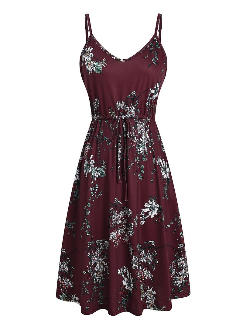 HELYO Wedding Guest Dresses for Women Summer Petite Casual Sundress Every Day Sleeveless Spaghetti Strap Adjustable Waist Dress with Pockets 826 (S, Burgundy Floral) - Image 3